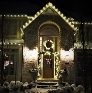 holiday lights in front door - High Prairie Landscape Group